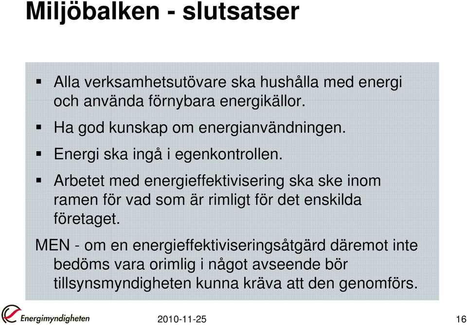 Arbetet med energieffektivisering ska ske inom ramen för vad som är rimligt för det enskilda företaget.