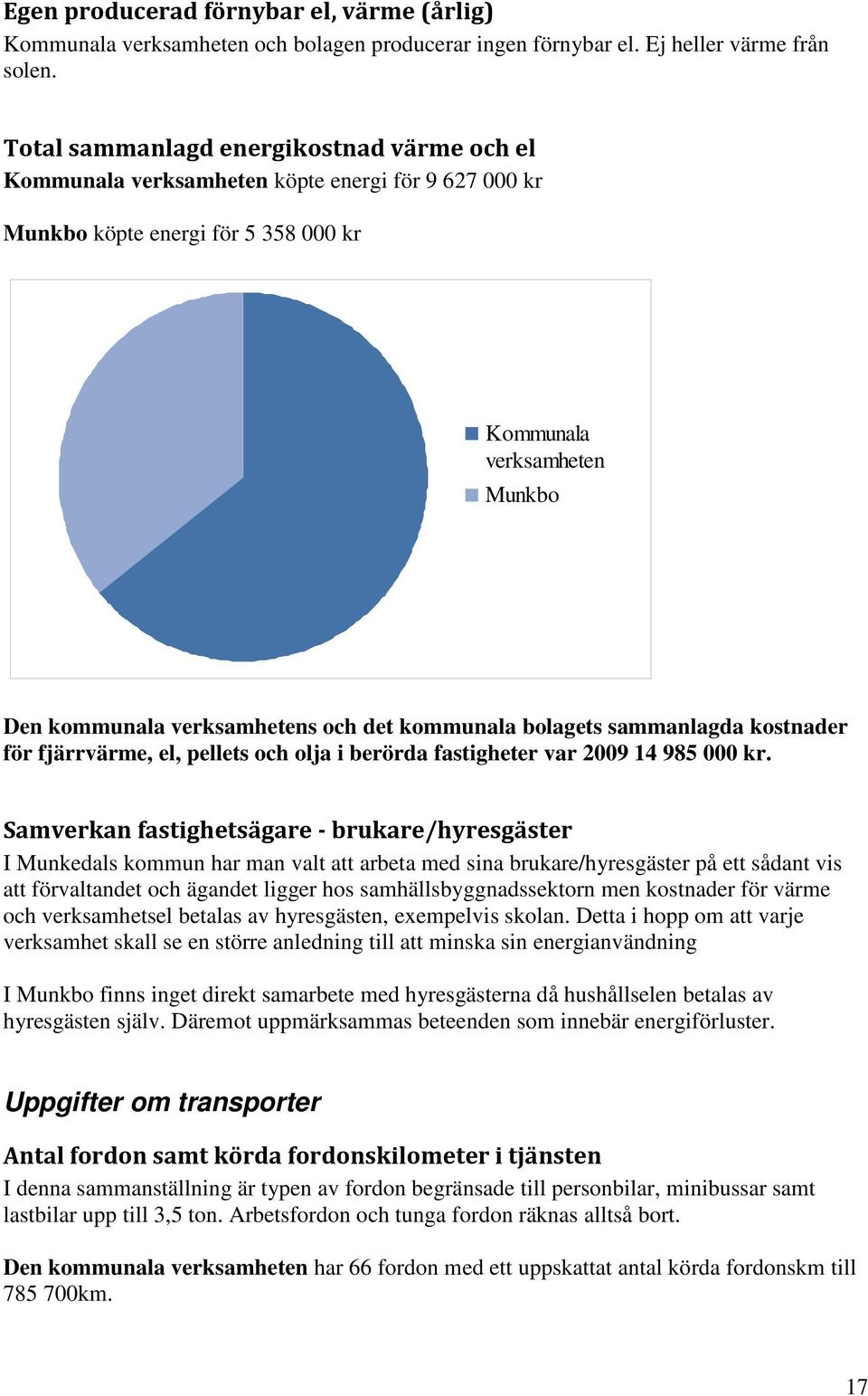 kommunala bolagets sammanlagda kostnader för fjärrvärme, el, pellets och olja i berörda fastigheter var 2009 14 985 000 kr.