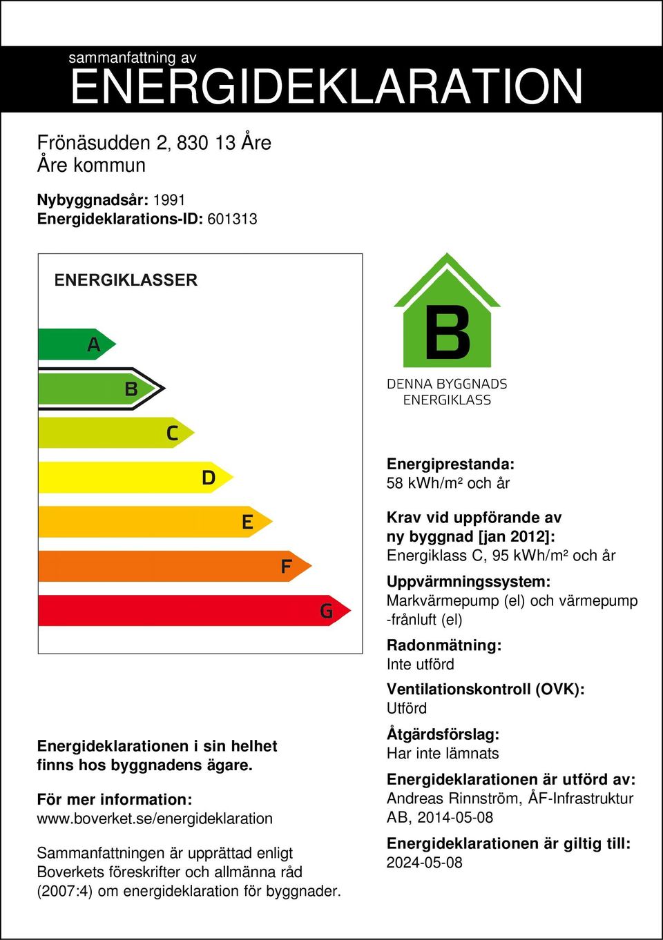 se/energideklaration Sammanfattningen är upprättad enligt Boverkets föreskrifter och allmänna råd (2007:4) om energideklaration för byggnader.