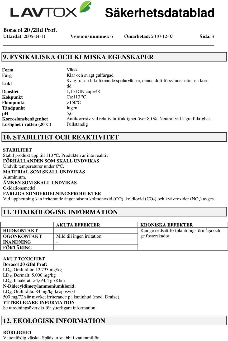 Ca:113 ºC Flampunkt >150ºC Tändpunkt Ingen ph 5,6 Korrosionsbenägenhet Antikorrosiv vid relativ luftfuktighet över 80 %. Neutral vid lägre fuktighet. Löslighet i vatten (20ºC) Fullständig 10.