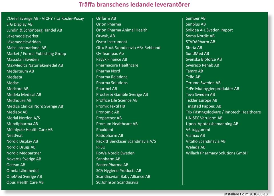 Mundipharma AB Mölnlycke Health Care AB NeatFeat Nordic Display AB Nordic Drugs AB Nordic Medpartner Novartis Sverige AB Octean AB Omnia Läkemedel OneMed Sverige AB Opus Health Care AB Orifarm AB
