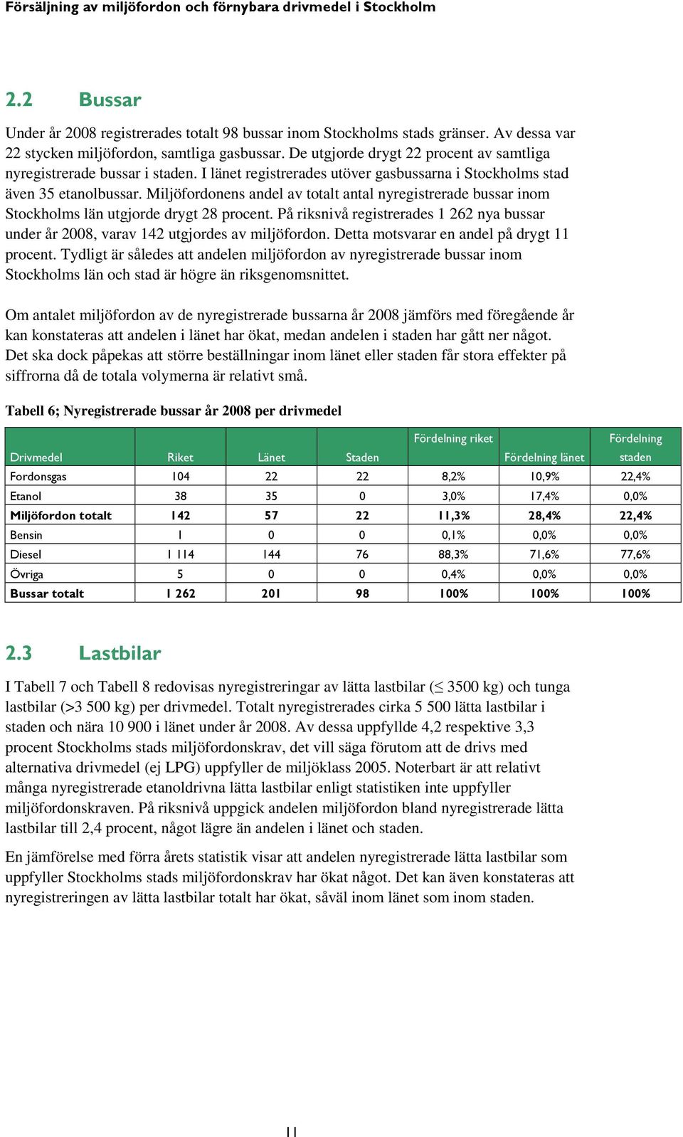 Miljöfordonens andel av totalt antal nyregistrerade bussar inom Stockholms län utgjorde drygt 28 procent. På riksnivå registrerades 1 262 nya bussar under år 2008, varav 142 utgjordes av miljöfordon.