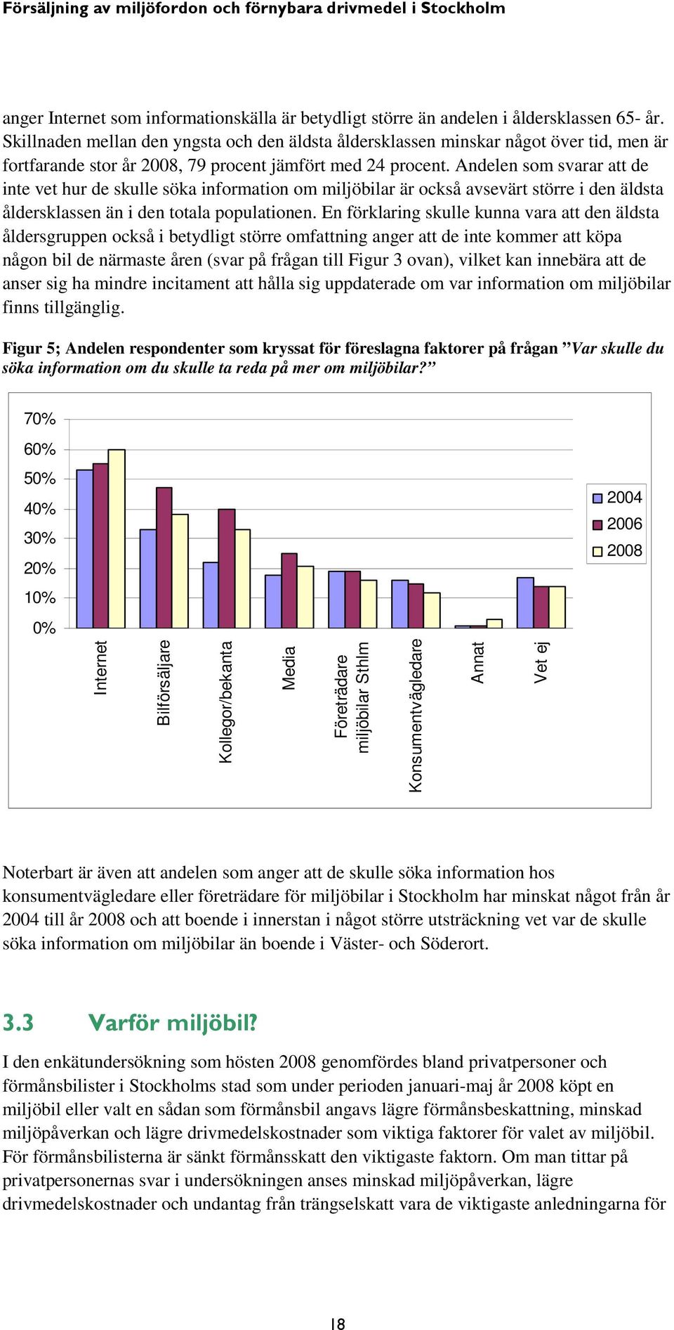 Andelen som svarar att de inte vet hur de skulle söka information om miljöbilar är också avsevärt större i den äldsta åldersklassen än i den totala populationen.