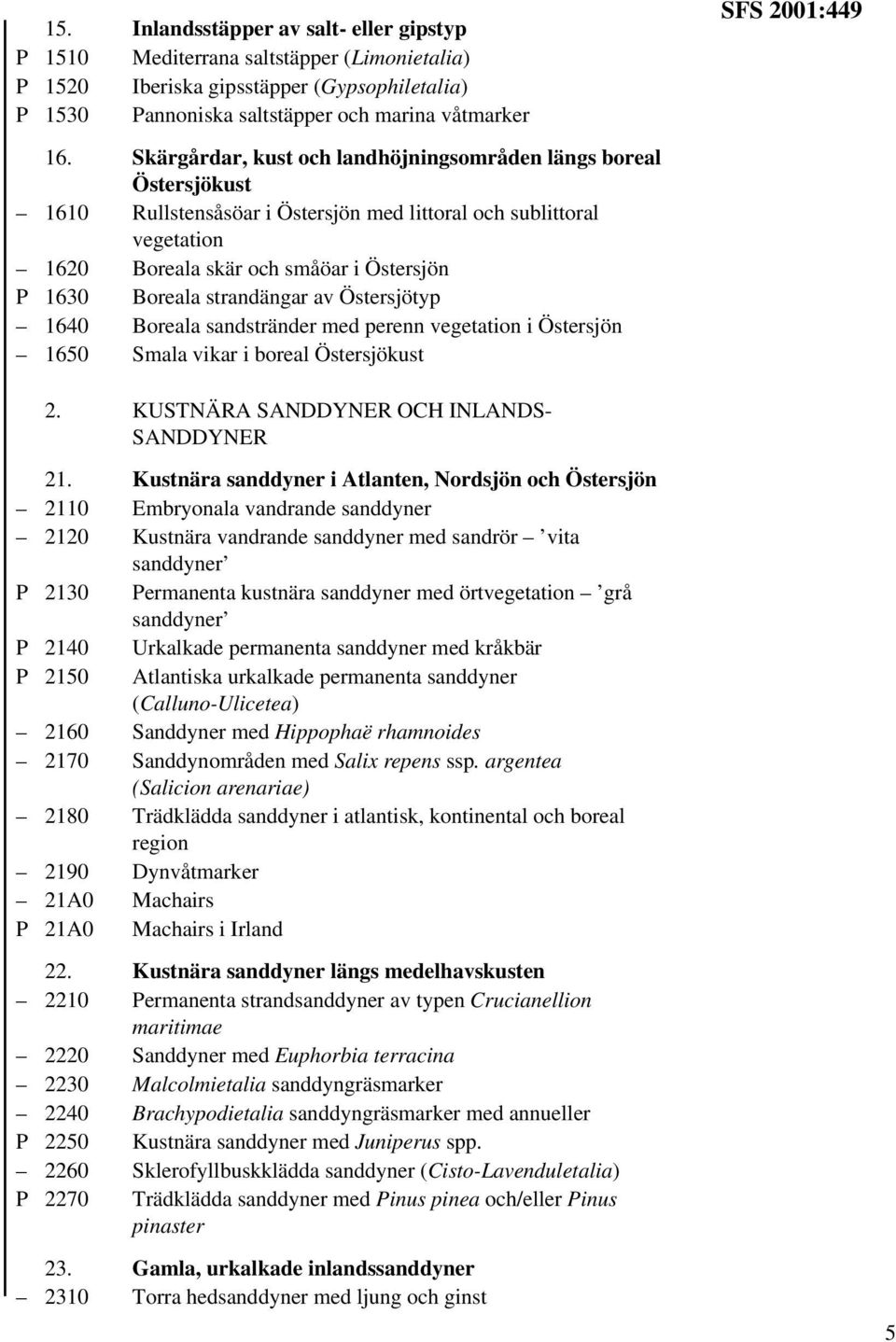 strandängar av Östersjötyp 1640 Boreala sandstränder med perenn vegetation i Östersjön 1650 Smala vikar i boreal Östersjökust 2. KUSTNÄRA SANDDYNER OCH INLANDS- SANDDYNER 21.