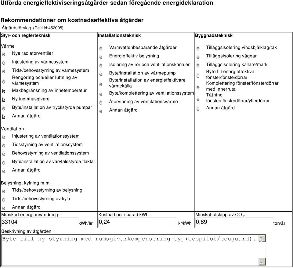 värmesystem Maxbegränsning av innetemperatur Ny inomhusgivare Byte/installation av tryckstyrda pumpar Varmvattenbesparande åtgärder Energieffektiv belysning Isolering av rör och ventilationskanaler