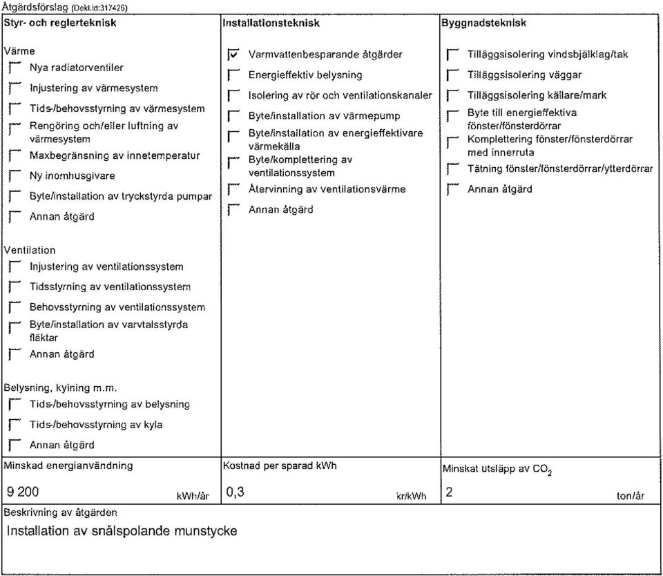 fl ikta Annan åtgäd nstallatlonsteknlsk 7 Vamvattenbespaande åtgåde Enegieffektivbelysning lsoleing av ö och ventilationskanale f Byte/installat on av vämepump f Byte/ nstallation av enegieffektivae