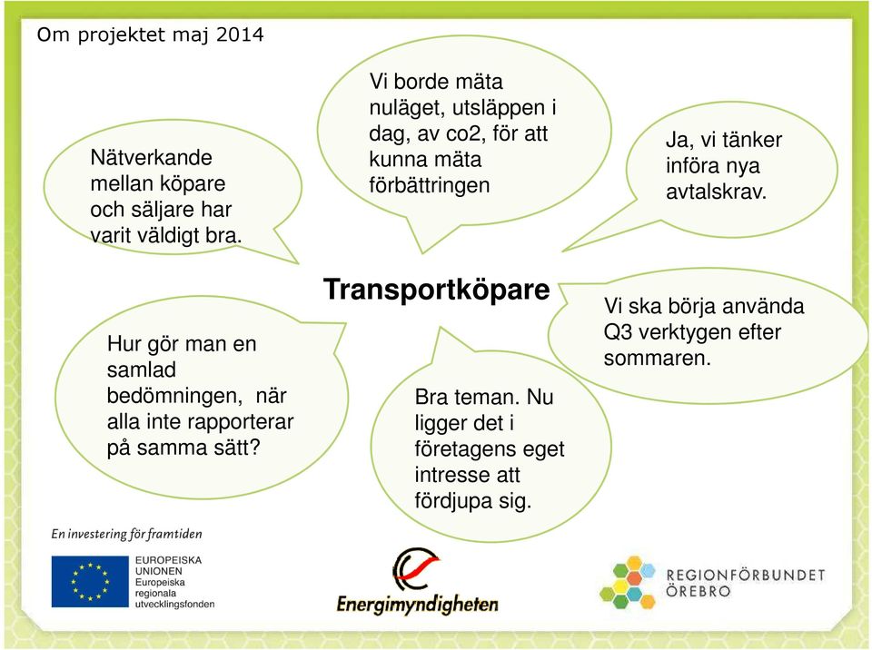 Vi borde mäta nuläget, utsläppen i dag, av co2, för att kunna mäta förbättringen Transportköpare Bra