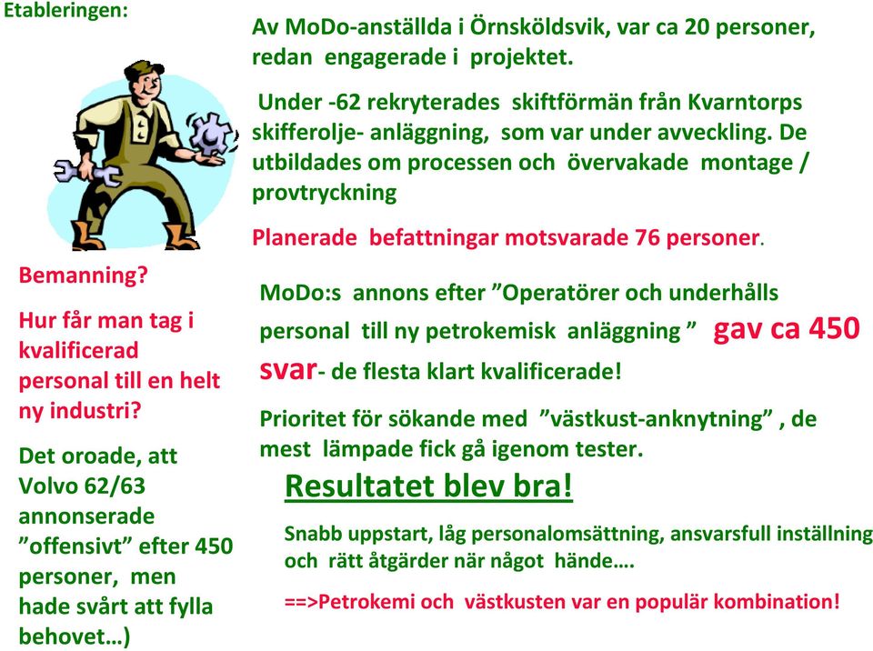 Under -62 rekryterades skiftförmän från Kvarntorps skifferolje-anläggning, som var under avveckling.