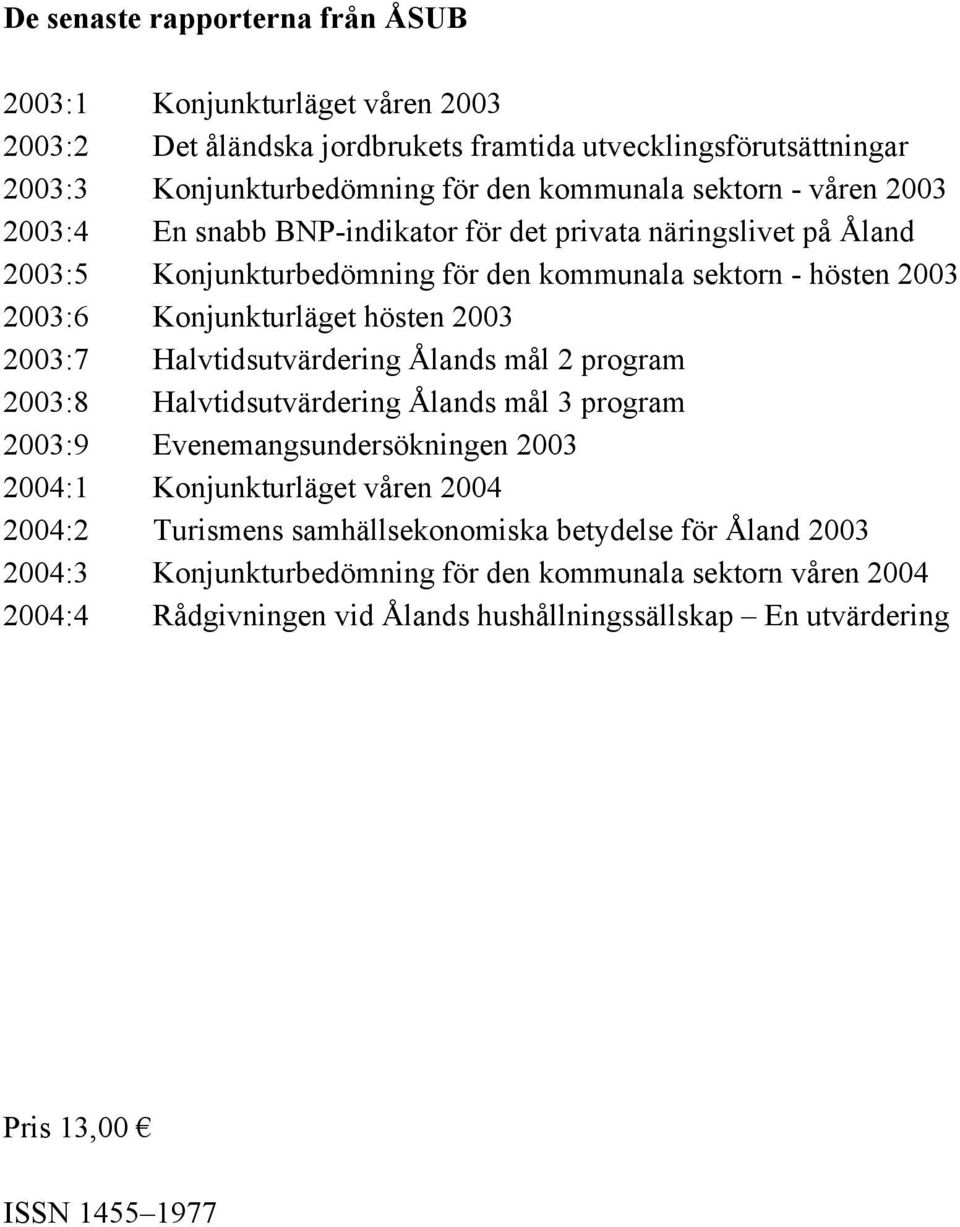 2003:7 Halvtidsutvärdering Ålands mål 2 program 2003:8 Halvtidsutvärdering Ålands mål 3 program 2003:9 Evenemangsundersökningen 2003 2004:1 Konjunkturläget våren 2004 2004:2 Turismens