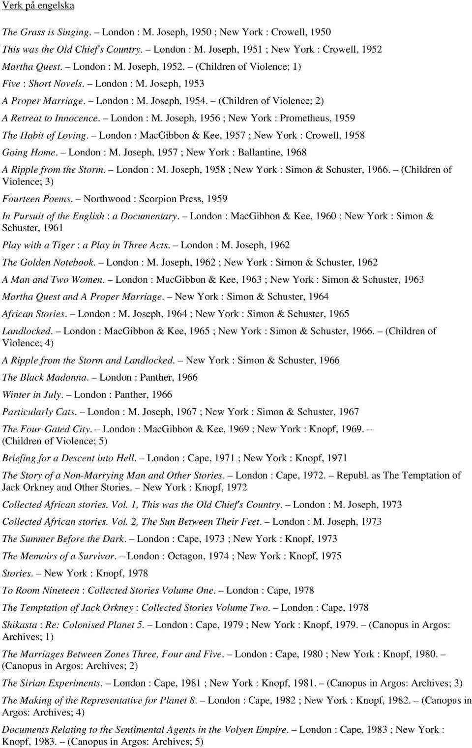 London : M. Joseph, 1956 ; New York : Prometheus, 1959 The Habit of Loving. London : MacGibbon & Kee, 1957 ; New York : Crowell, 1958 Going Home. London : M. Joseph, 1957 ; New York : Ballantine, 1968 A Ripple from the Storm.