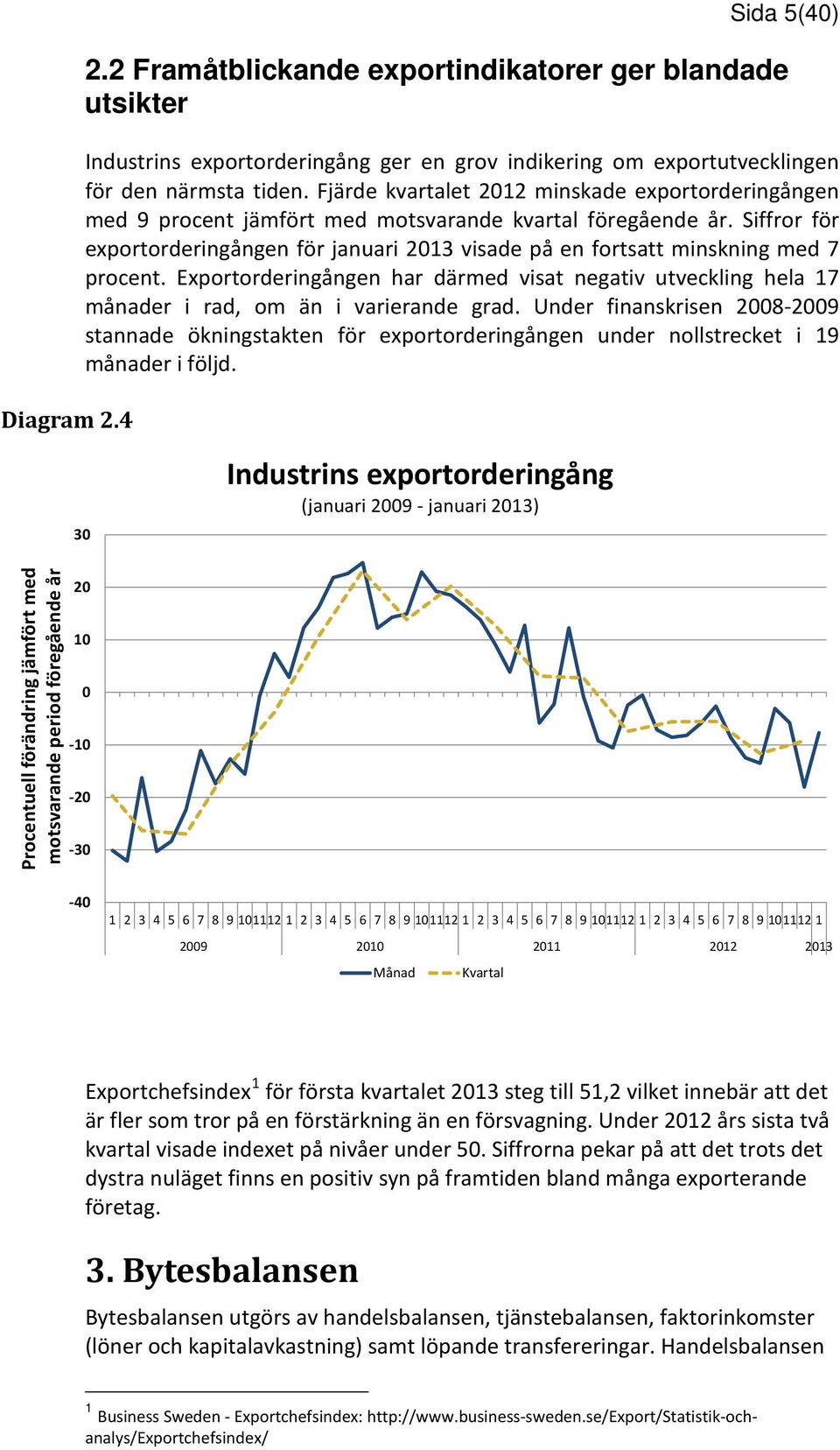 Siffror för exportorderingången för januari 2013 visade på en fortsatt minskning med 7 procent. Exportorderingången har därmed visat negativ utveckling hela 17 månader i rad, om än i varierande grad.