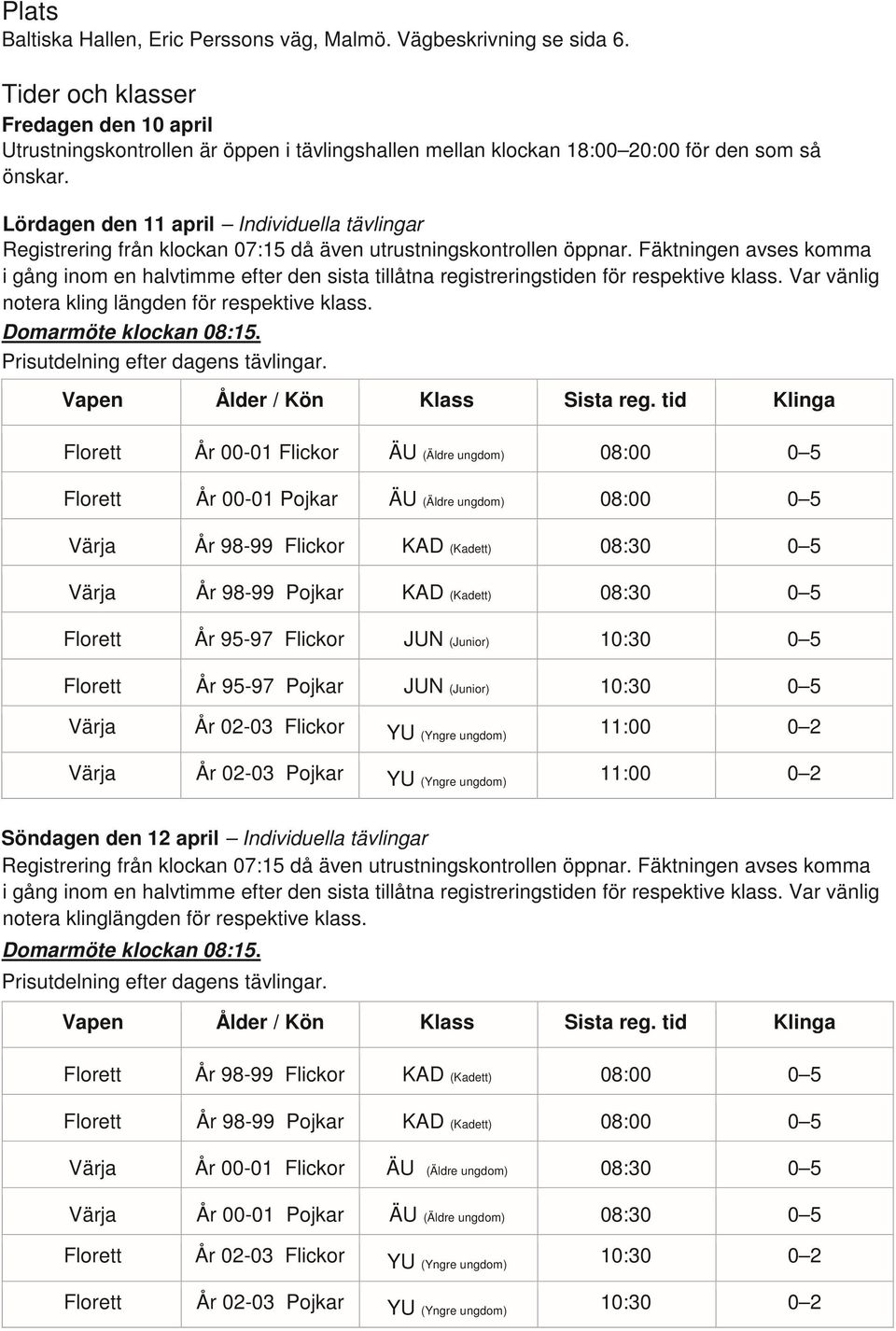 Lördagen den 11 april Individuella tävlingar Registrering från klockan 07:15 då även utrustningskontrollen öppnar.