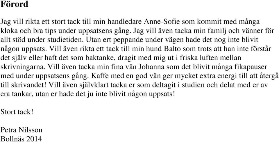 Vill även rikta ett tack till min hund Balto som trots att han inte förstår det själv eller haft det som baktanke, dragit med mig ut i friska luften mellan skrivningarna.