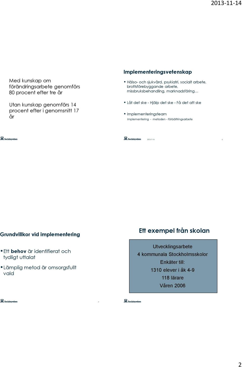 - förbättringsarbete Att visa fotn Klicka på flik på i 2013-11-14 6 Grundvillkor vid implementering Ett exempel från skolan Ett behov är identifierat och tydligt uttalat Lämplig