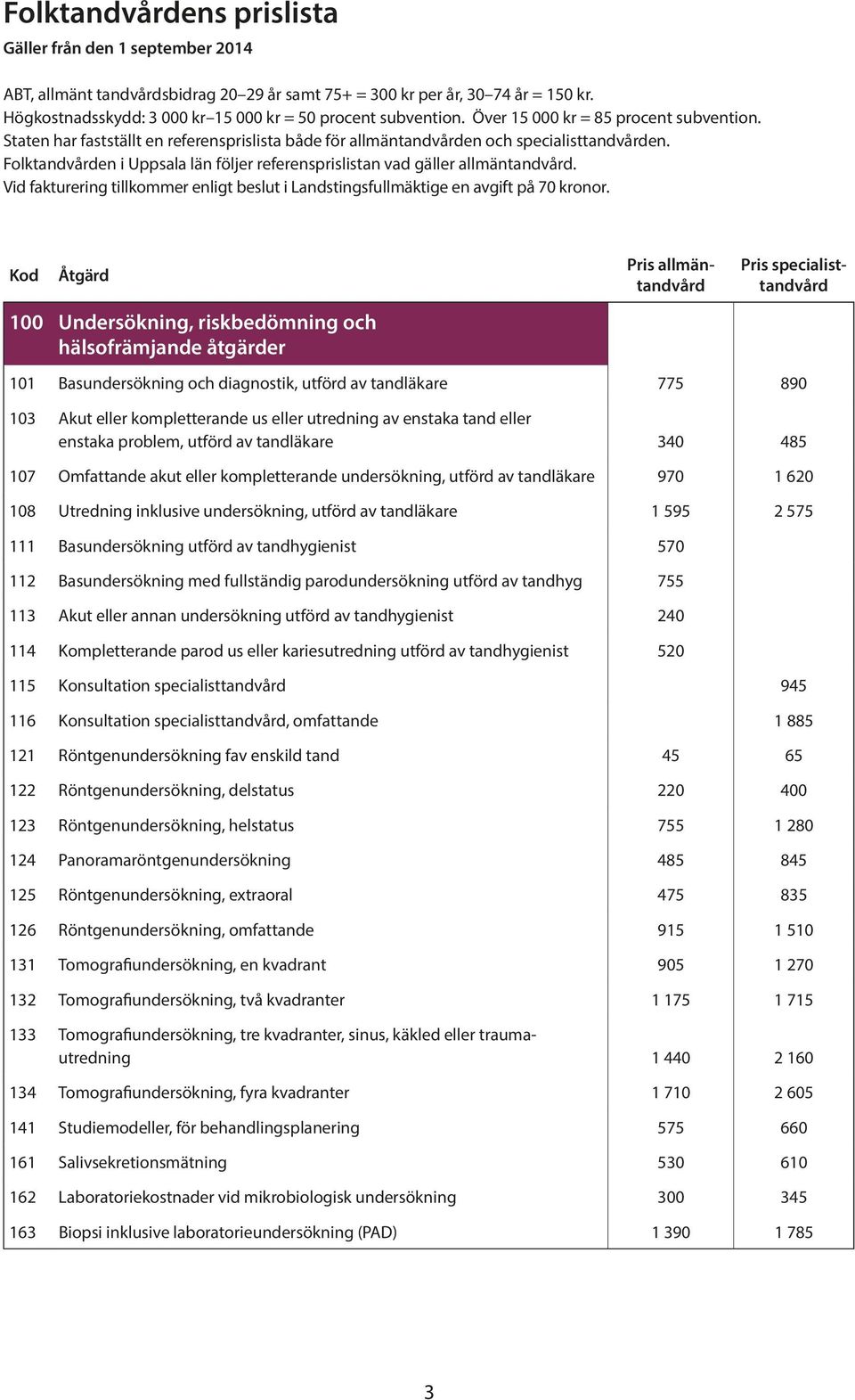 Folktandvården i Uppsala län följer referensprislistan vad gäller allmäntandvård. Vid fakturering tillkommer enligt beslut i Landstingsfullmäktige en avgift på 70 kronor.