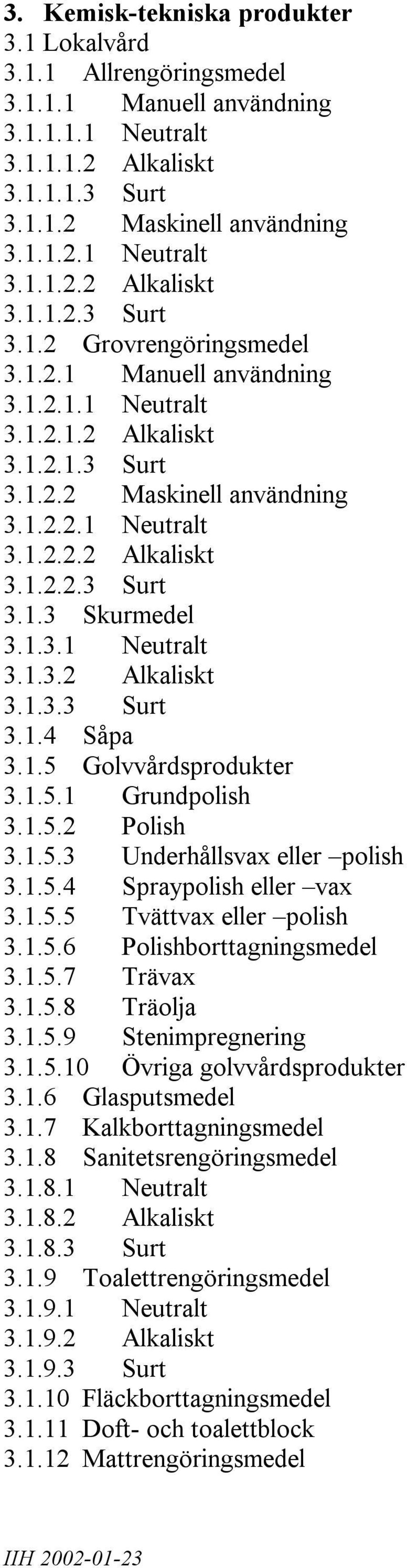 1.5 Golvvårdsprodukter 3.1.5.1 Grundpolish 3.1.5.2 Polish 3.1.5.3 Underhållsvax eller polish 3.1.5.4 Spraypolish eller vax 3.1.5.5 Tvättvax eller polish 3.1.5.6 Polishborttagningsmedel 3.1.5.7 Trävax 3.