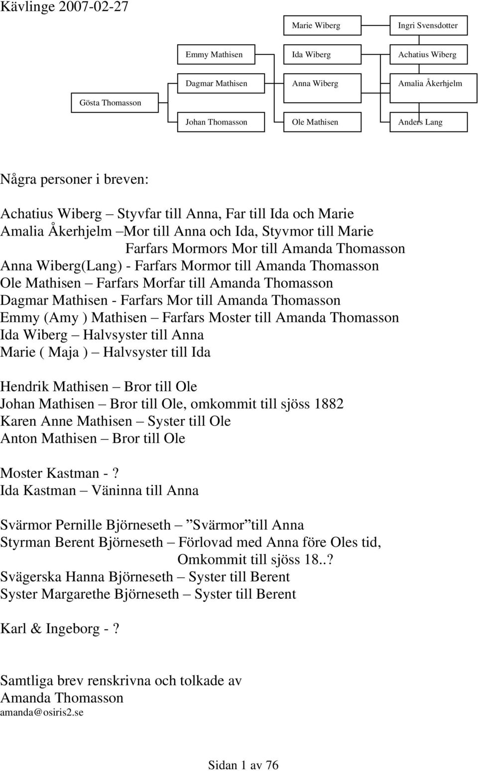 Farfars Mormor till Amanda Thomasson Ole Mathisen Farfars Morfar till Amanda Thomasson Dagmar Mathisen - Farfars Mor till Amanda Thomasson Emmy (Amy ) Mathisen Farfars Moster till Amanda Thomasson