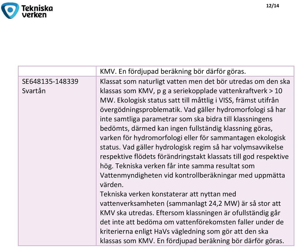 Vad gäller hydromorfologi så har inte samtliga parametrar som ska bidra till klassningens bedömts, därmed kan ingen fullständig klassning göras, varken för hydromorfologi eller för sammantagen