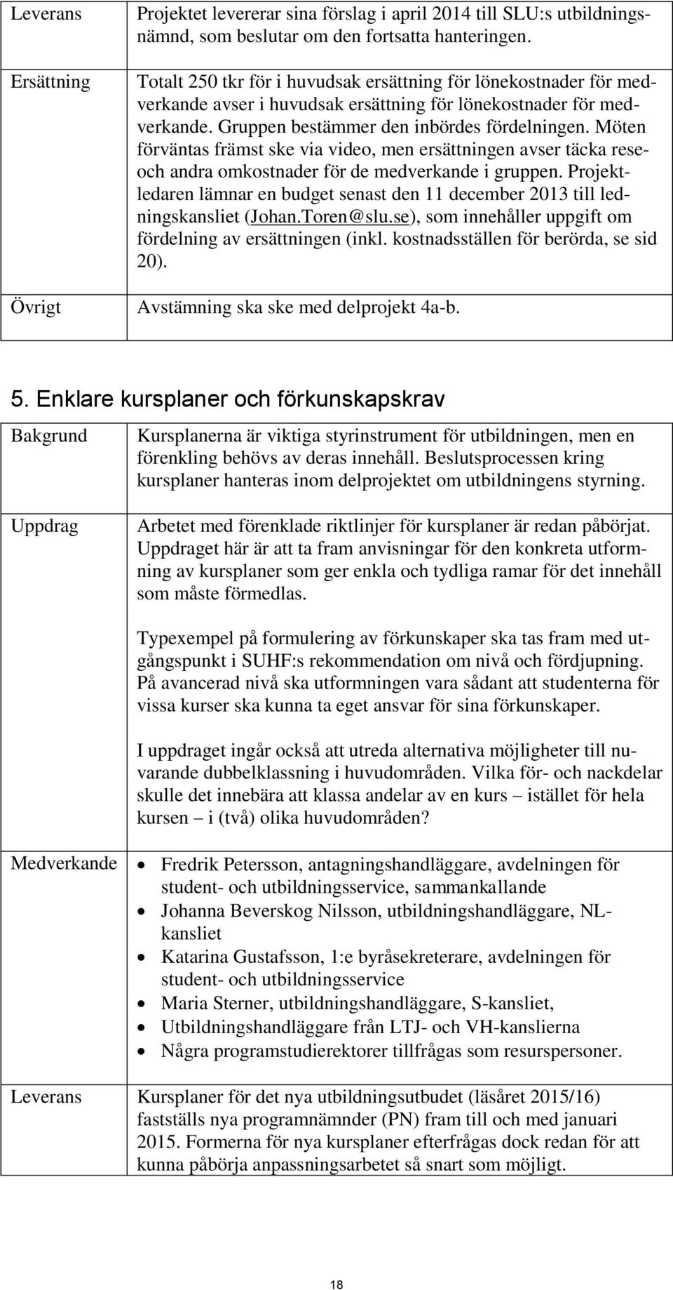 Projektledaren lämnar en budget senast den 11 december 2013 till ledningskansliet (Johan.Toren@slu.se), som innehåller uppgift om fördelning av ersättningen (inkl.