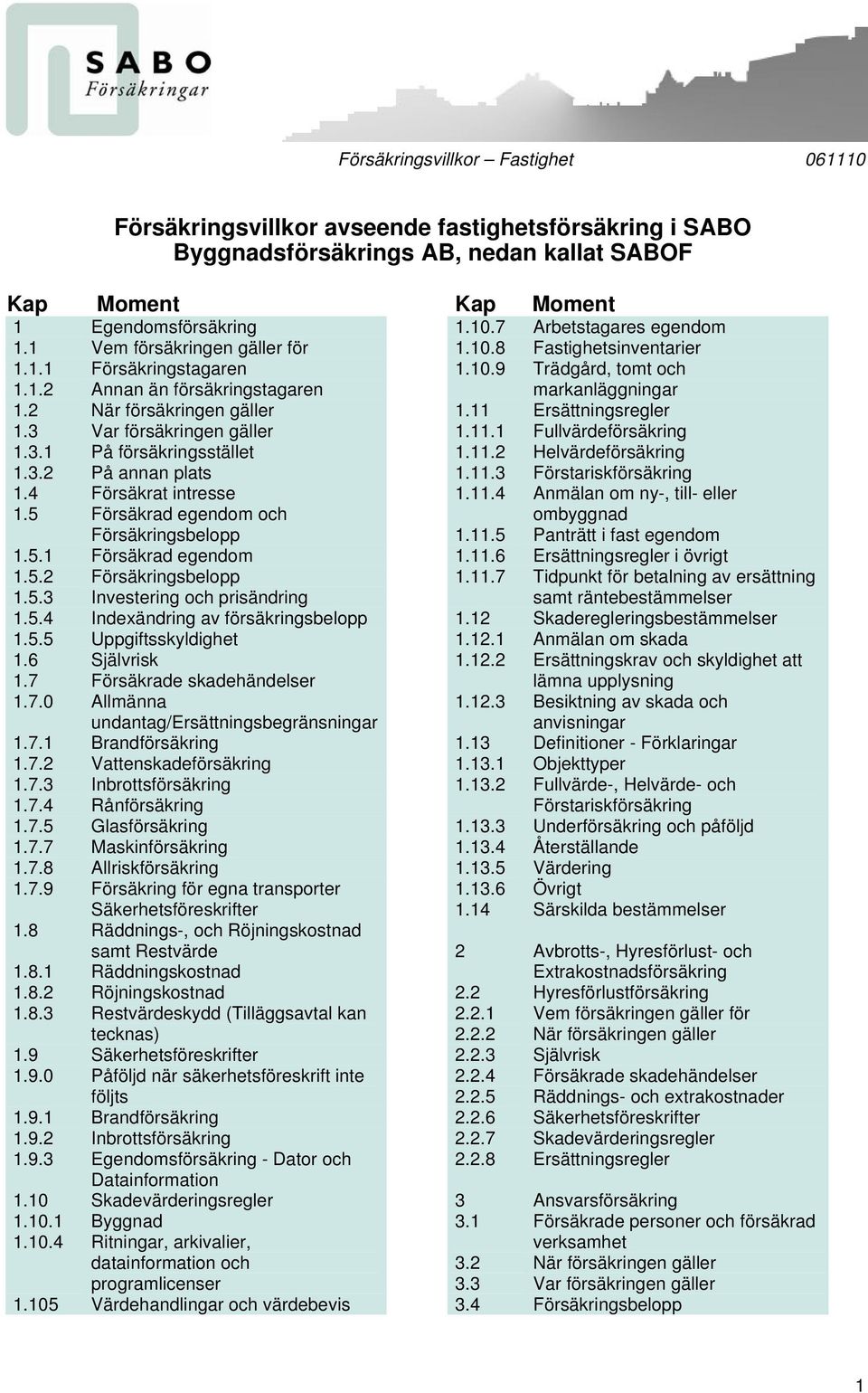 5 Försäkrad egendom och Försäkringsbelopp 1.5.1 Försäkrad egendom 1.5.2 Försäkringsbelopp 1.5.3 Investering och prisändring 1.5.4 Indexändring av försäkringsbelopp 1.5.5 Uppgiftsskyldighet 1.