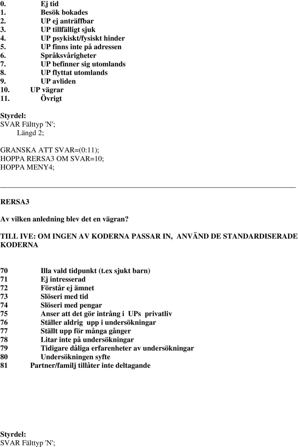 TILL IVE: OM INGEN AV KODERNA PASSAR IN, ANVÄND DE STANDARDISERADE KODERNA 70 Illa vald tidpunkt (t.