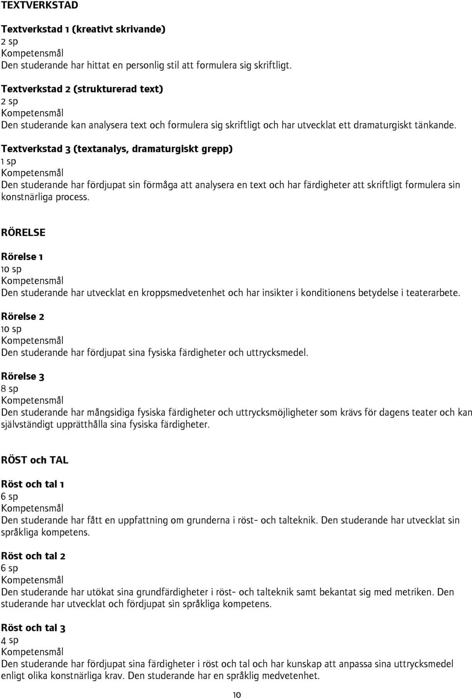 Textverkstad 3 (textanalys, dramaturgiskt grepp) 1 sp Den studerande har fördjupat sin förmåga att analysera en text och har färdigheter att skriftligt formulera sin konstnärliga process.