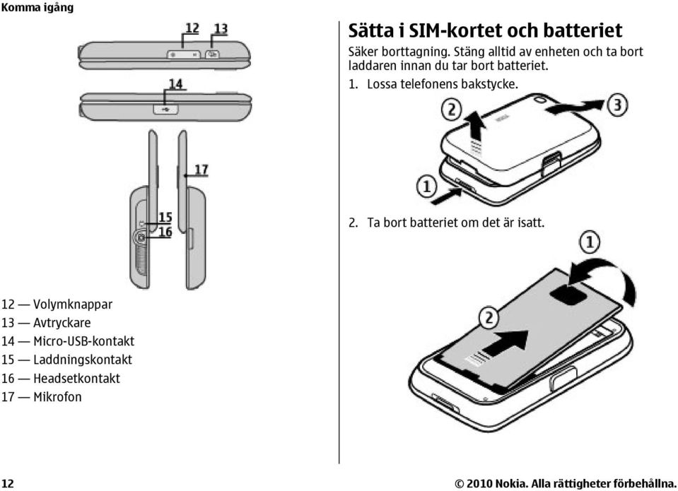 Lossa telefonens bakstycke. 2. Ta bort batteriet om det är isatt.