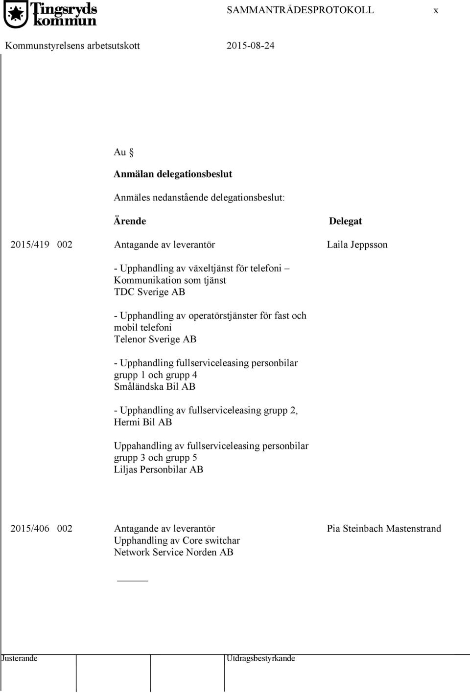 - Upphandling fullserviceleasing personbilar grupp 1 och grupp 4 Småländska Bil AB - Upphandling av fullserviceleasing grupp 2, Hermi Bil AB Uppahandling av fullserviceleasing