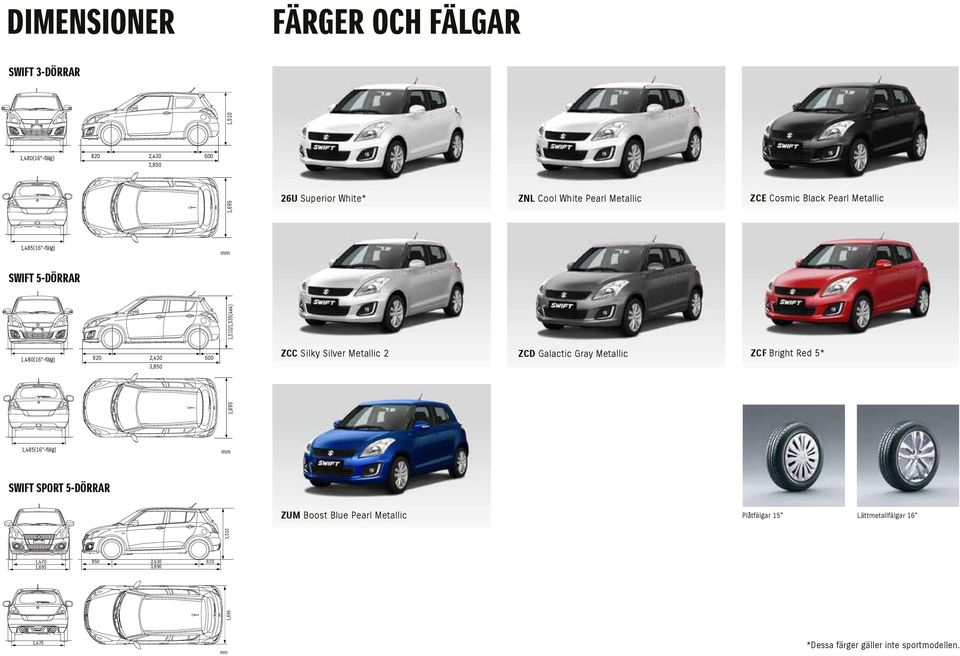 3,850 ZCC Silky Silver Metallic 2 ZCD Galactic Gray Metallic ZCF Bright Red 5* 1,485(16 -fälg) mm SWIFT SPORT 5-DÖRRAR ZUM Boost Blue