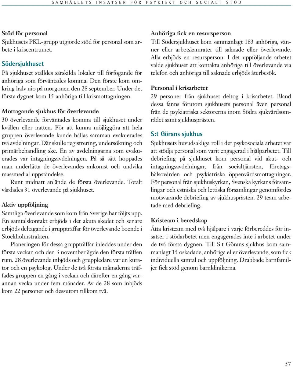 Under det första dygnet kom 15 anhöriga till krismottagningen. Mottagande sjukhus för överlevande 30 överlevande förväntades komma till sjukhuset under kvällen eller natten.