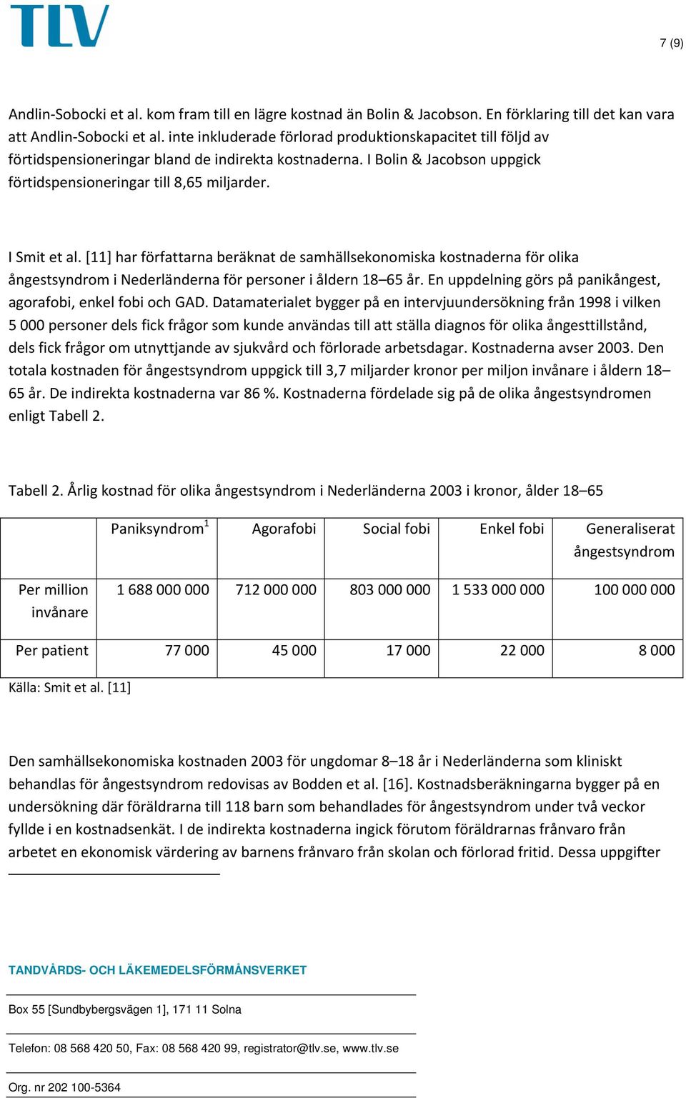 [11] har författarna beräknat de samhällsekonomiska kostnaderna för olika ångestsyndrom i Nederländerna för personer i åldern 18 65 år.