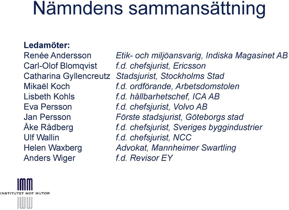 d. chefsjurist, Sveriges byggindustrier Ulf Wallin f.d. chefsjurist, NCC Helen Waxberg Advokat, Mannheimer Swartling Anders Wiger f.