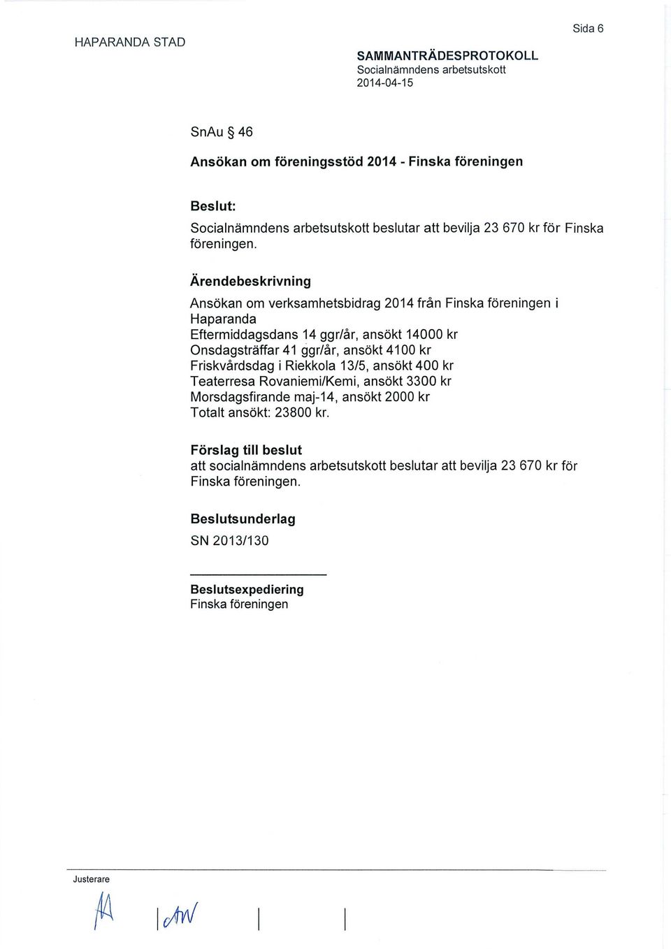 ggr/år, ansökt 4100 kr Friskvårdsdag i Riekkola 13/5, ansökt 400 kr Teaterresa Rovaniemi/Kemi, ansökt 3300 kr Morsdagsfirande maj-14,