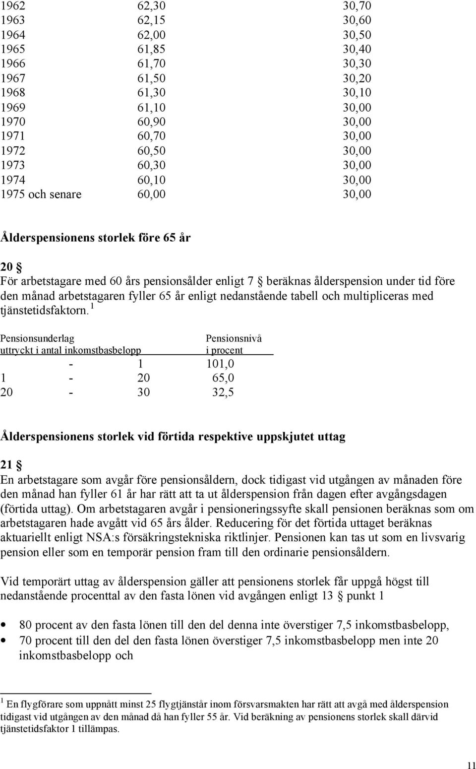 arbetstagaren fyller 65 år enligt nedanstående tabell och multipliceras med tjänstetidsfaktorn.