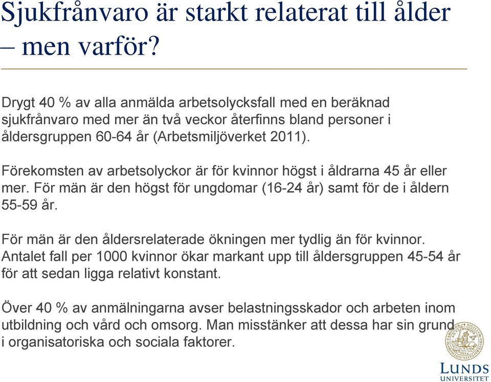 Förekomsten av arbetsolyckor är för kvinnor högst i åldrarna 45 år eller mer. För män är den högst för ungdomar (16-24 år) samt för de i åldern 55-59 år.