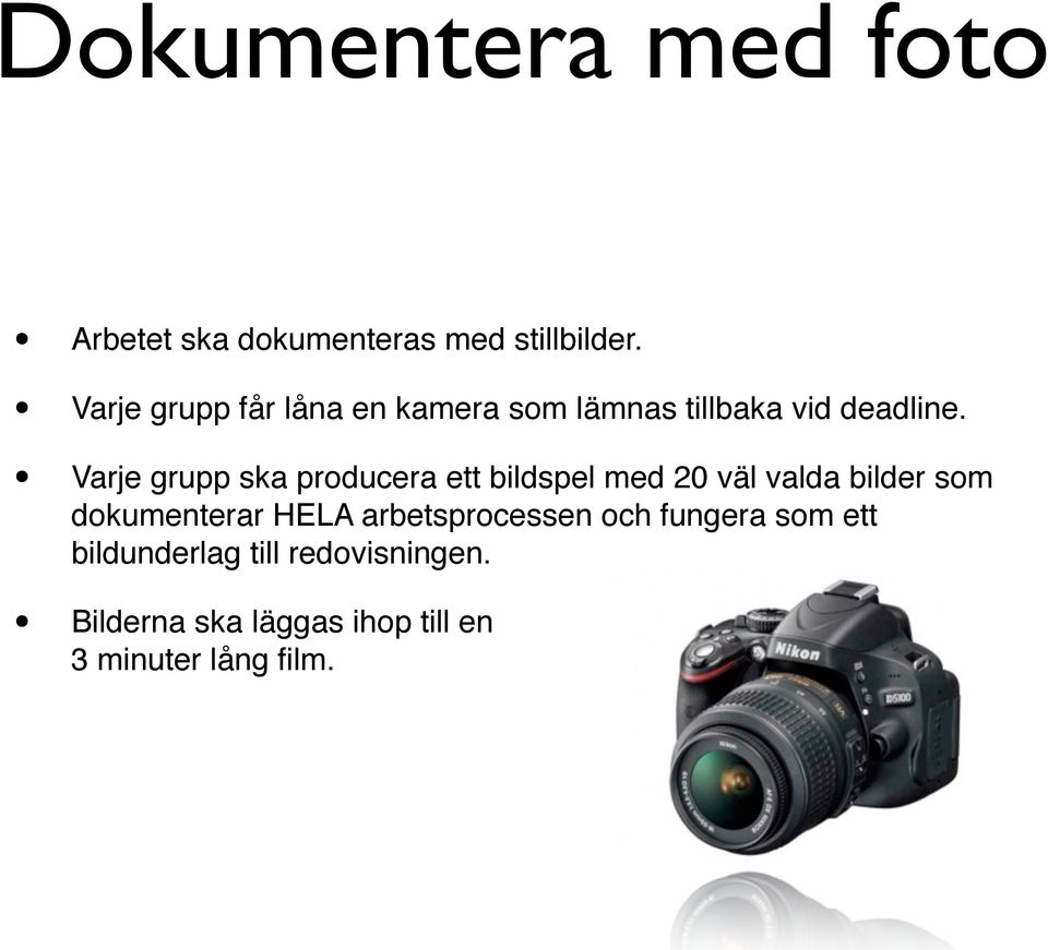 Varje grupp ska producera ett bildspel med 20 väl valda bilder som dokumenterar