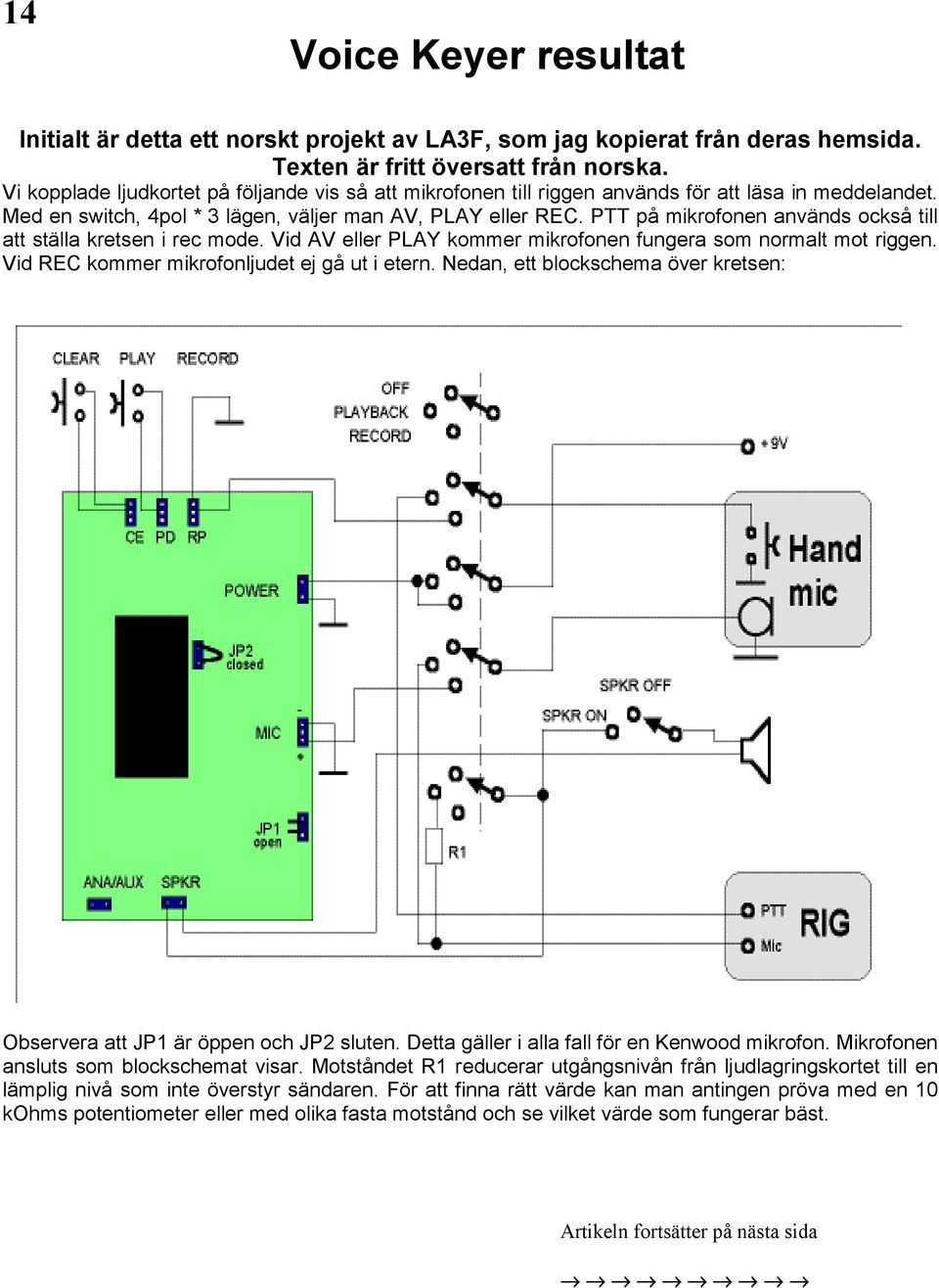 PTT på mikrofonen används också till att ställa kretsen i rec mode. Vid AV eller PLAY kommer mikrofonen fungera som normalt mot riggen. Vid REC kommer mikrofonljudet ej gå ut i etern.