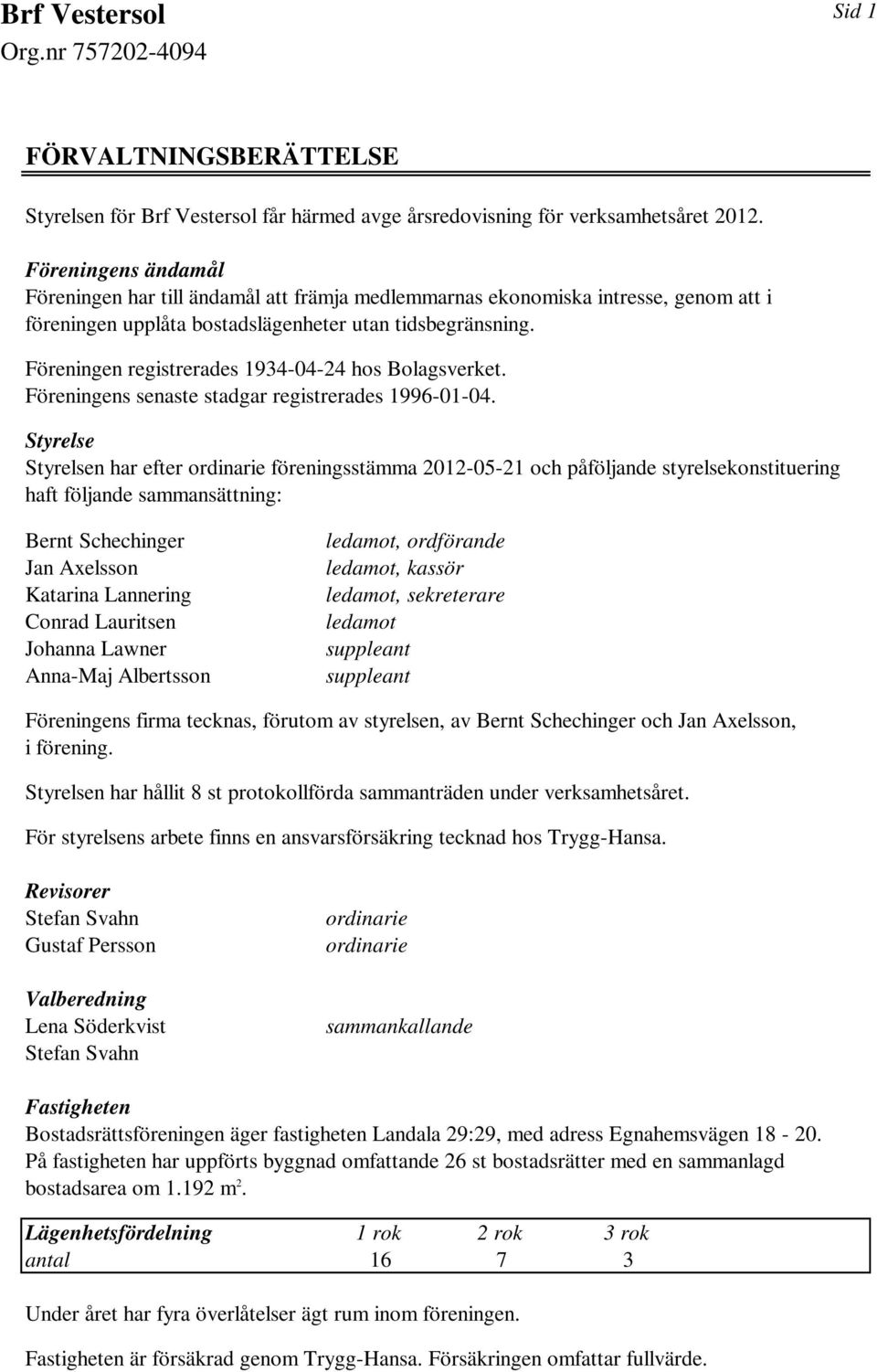 Föreningen registrerades 1934-04-24 hos Bolagsverket. Föreningens senaste stadgar registrerades 1996-01-04.