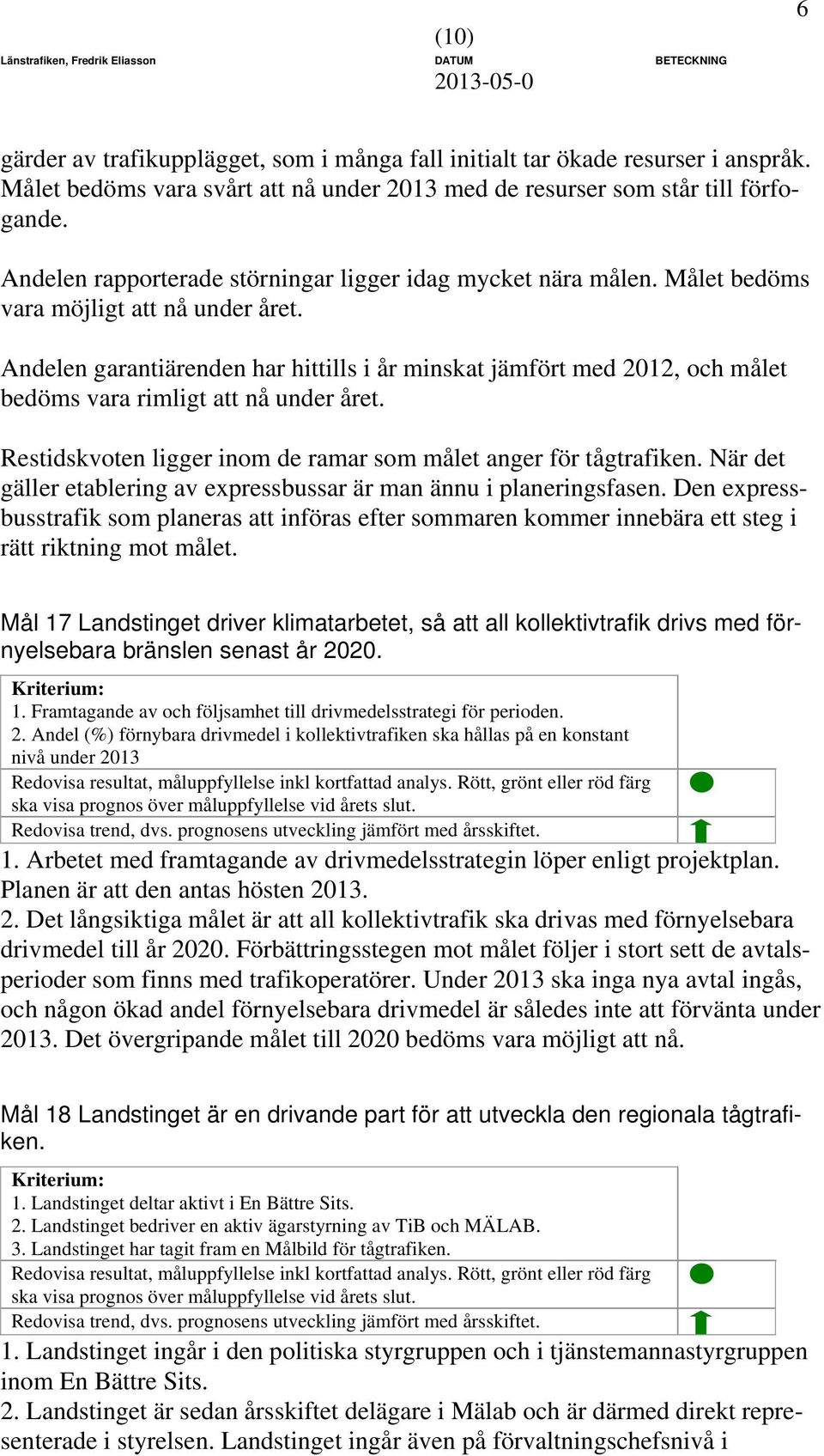 Andelen garantiärenden har hittills i år minskat jämfört med 2012, och målet bedöms vara rimligt att nå under året. Restidskvoten ligger inom de ramar som målet anger för tågtrafiken.