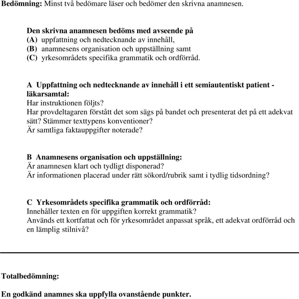 A Uppfattning och nedtecknande av innehåll i ett semiautentiskt patient - läkarsamtal: Har instruktionen följts?