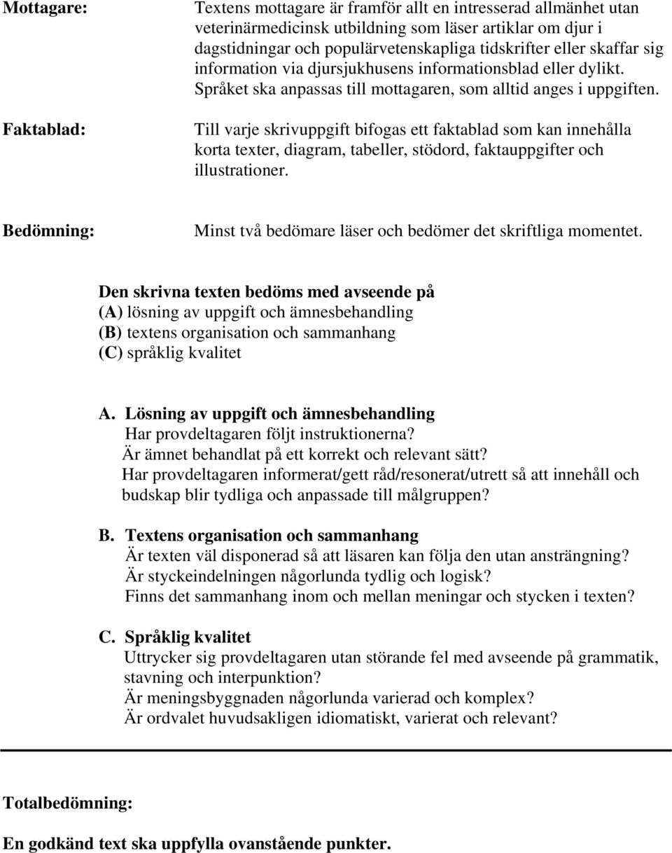 Till varje skrivuppgift bifogas ett faktablad som kan innehålla korta texter, diagram, tabeller, stödord, faktauppgifter och illustrationer.