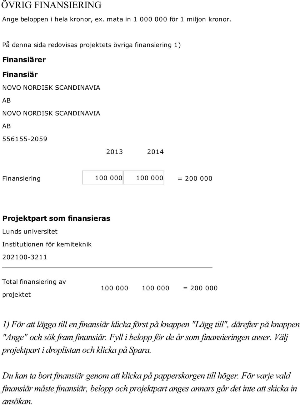 Projektpart som finansieras Lunds universitet Institutionen för kemiteknik 202100-3211 Total finansiering av projektet 100 000 100 000 = 200 000 1) För att lägga till en finansiär klicka först på