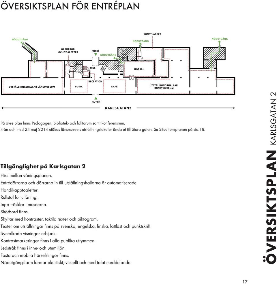 Entrédörrarna och dörrarna in till utställningshallarna är automatiserade. Handikapptoaletter. Rullstol för utlåning. Inga trösklar i museerna. Skötbord finns.