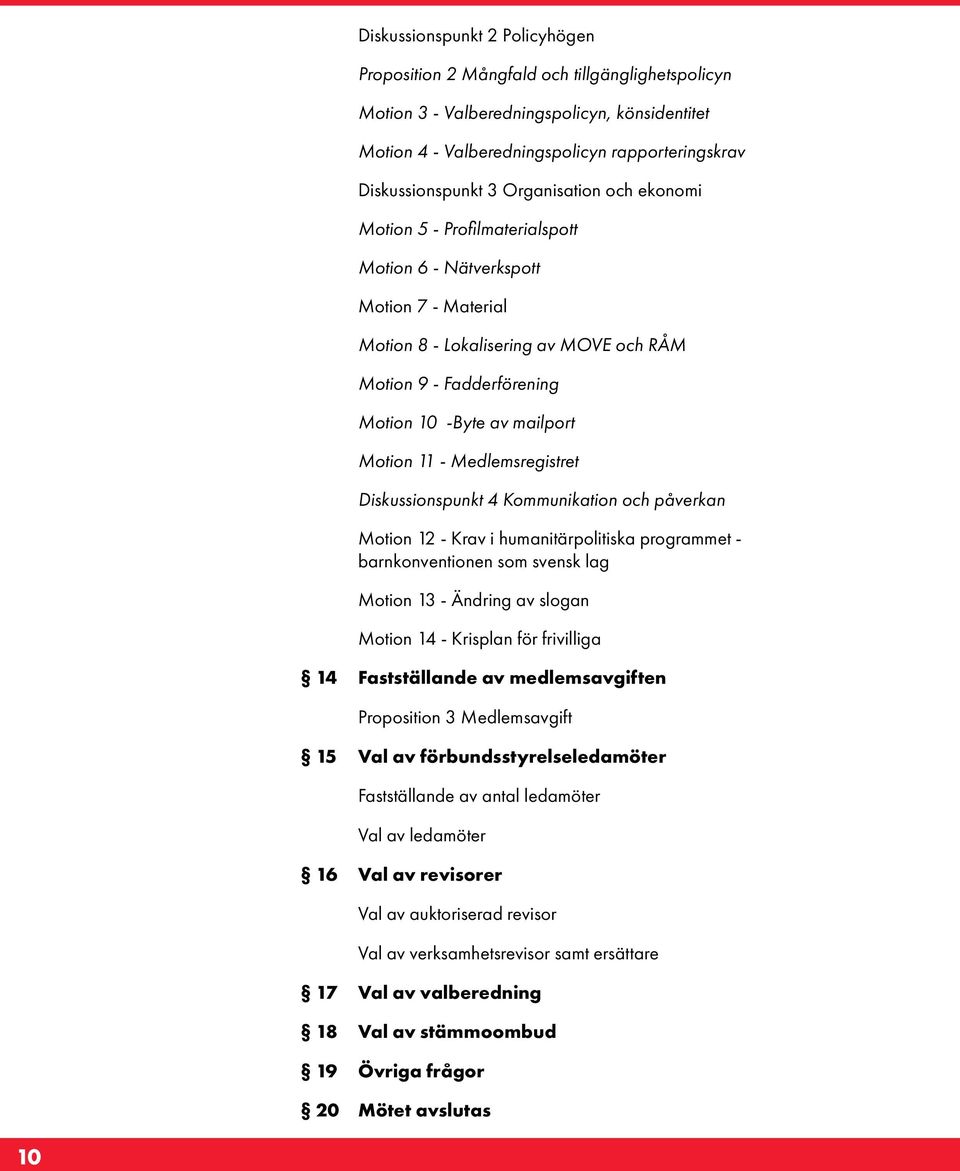 Motion 11 - Medlemsregistret Diskussionspunkt 4 Kommunikation och påverkan Motion 12 - Krav i humanitärpolitiska programmet - barnkonventionen som svensk lag Motion 13 - Ändring av slogan Motion 14 -