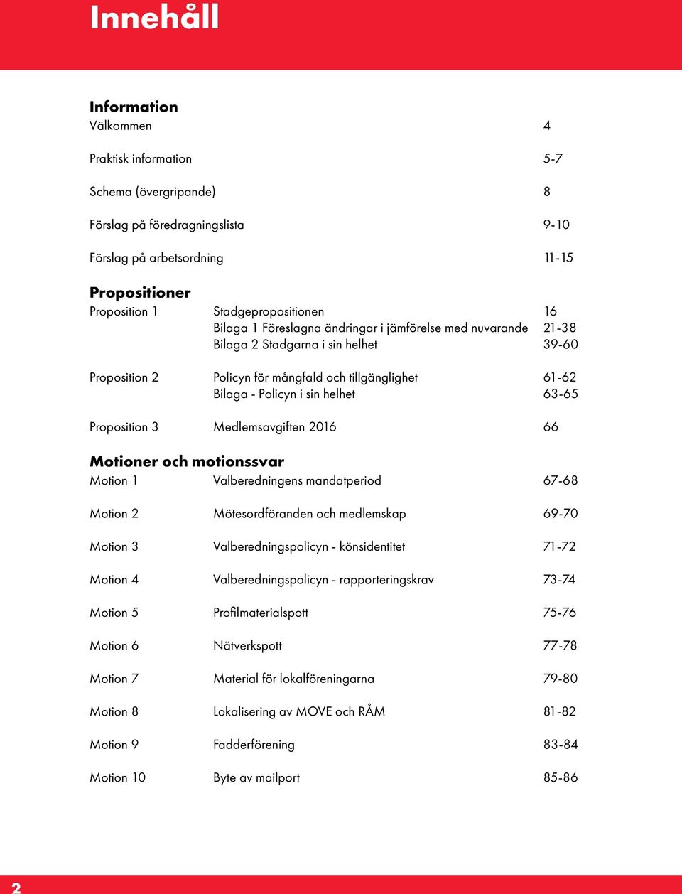 Proposition 3 Medlemsavgiften 2016 66 Motioner och motionssvar Motion 1 Valberedningens mandatperiod 67-68 Motion 2 Mötesordföranden och medlemskap 69-70 Motion 3 Valberedningspolicyn - könsidentitet