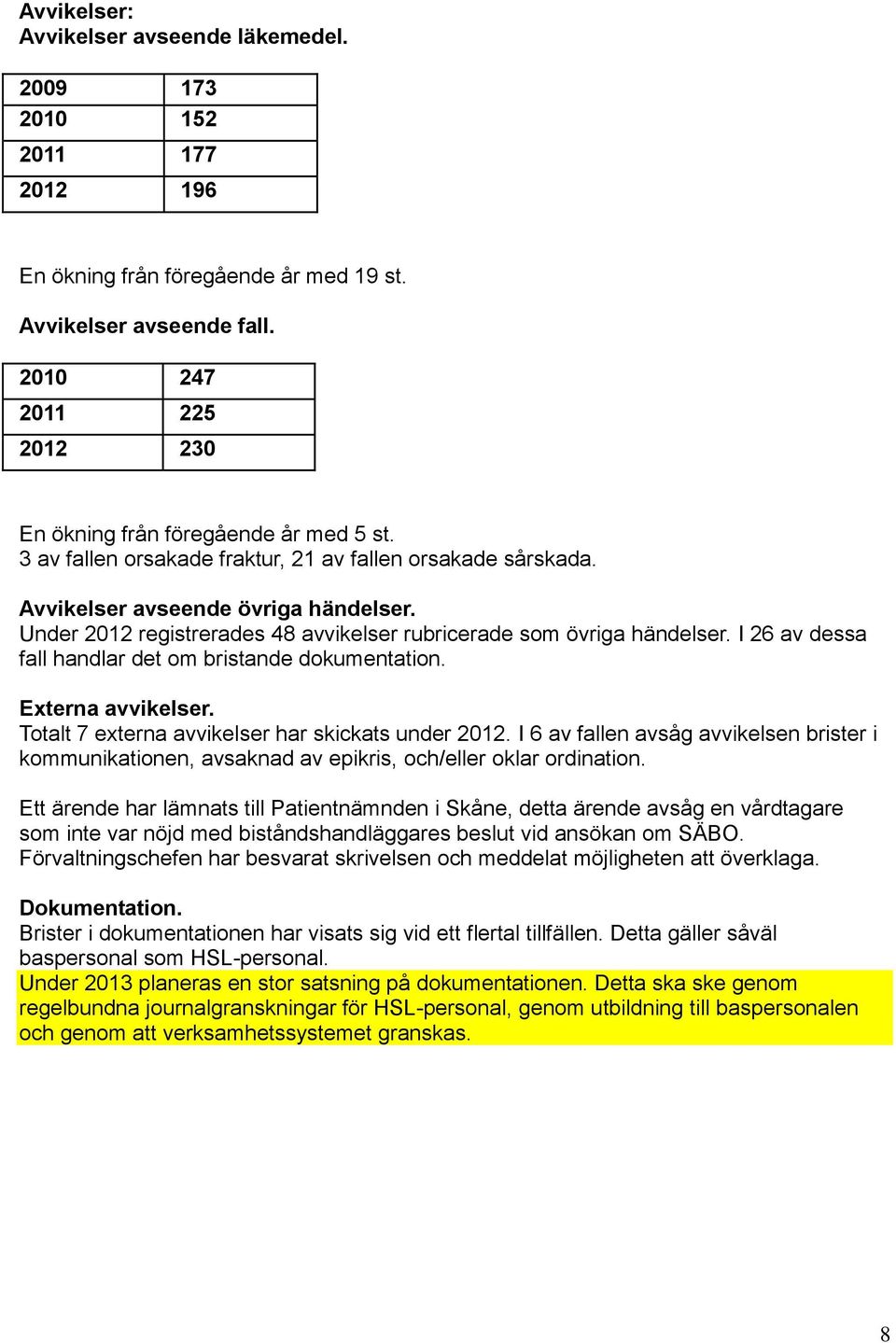 Under 2012 registrerades 48 avvikelser rubricerade som övriga händelser. I 26 av dessa fall handlar det om bristande dokumentation. Externa avvikelser.