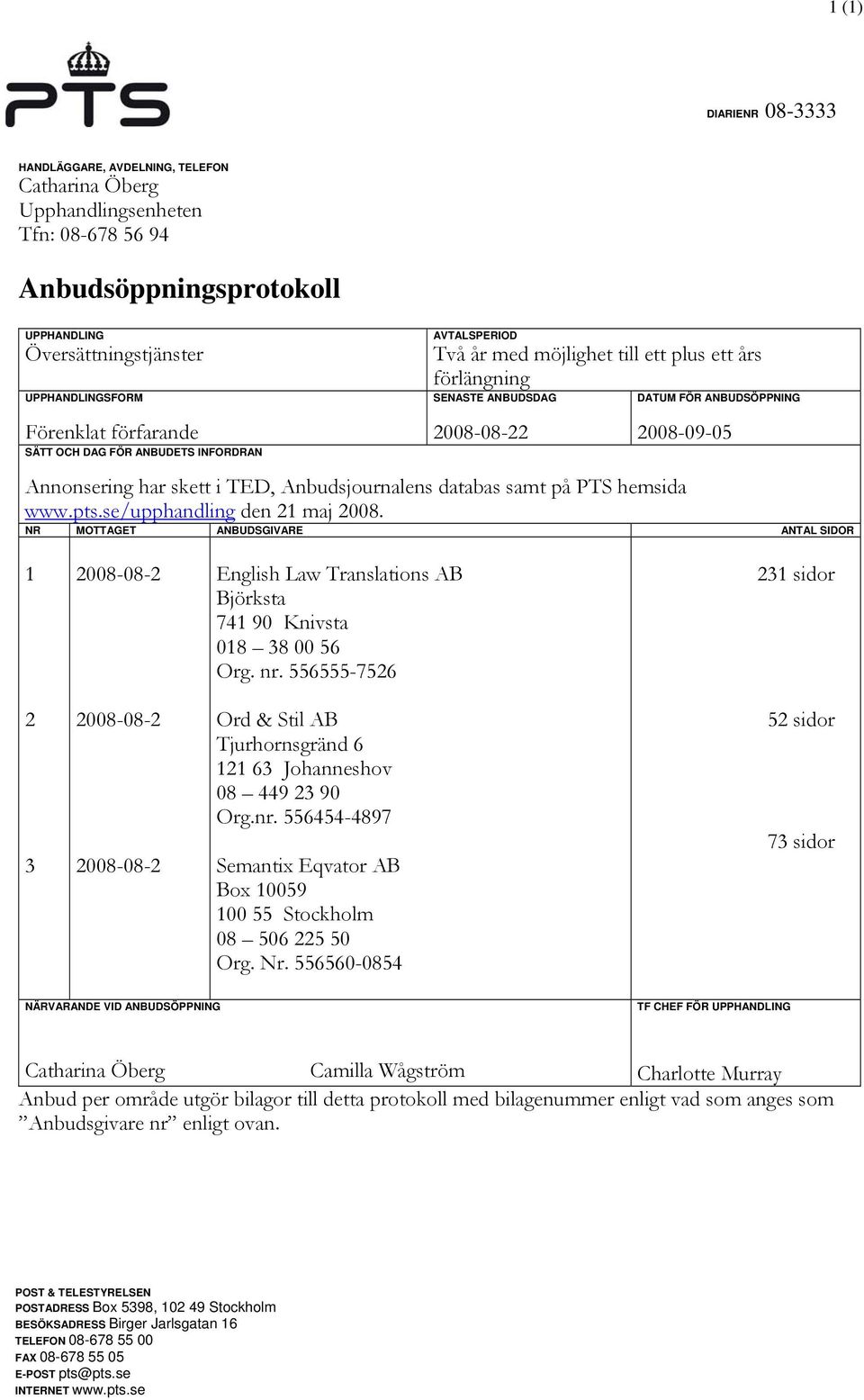 TED, Anbudsjournalens databas samt på PTS hemsida www.pts.se/upphandling den 21 maj 2008.