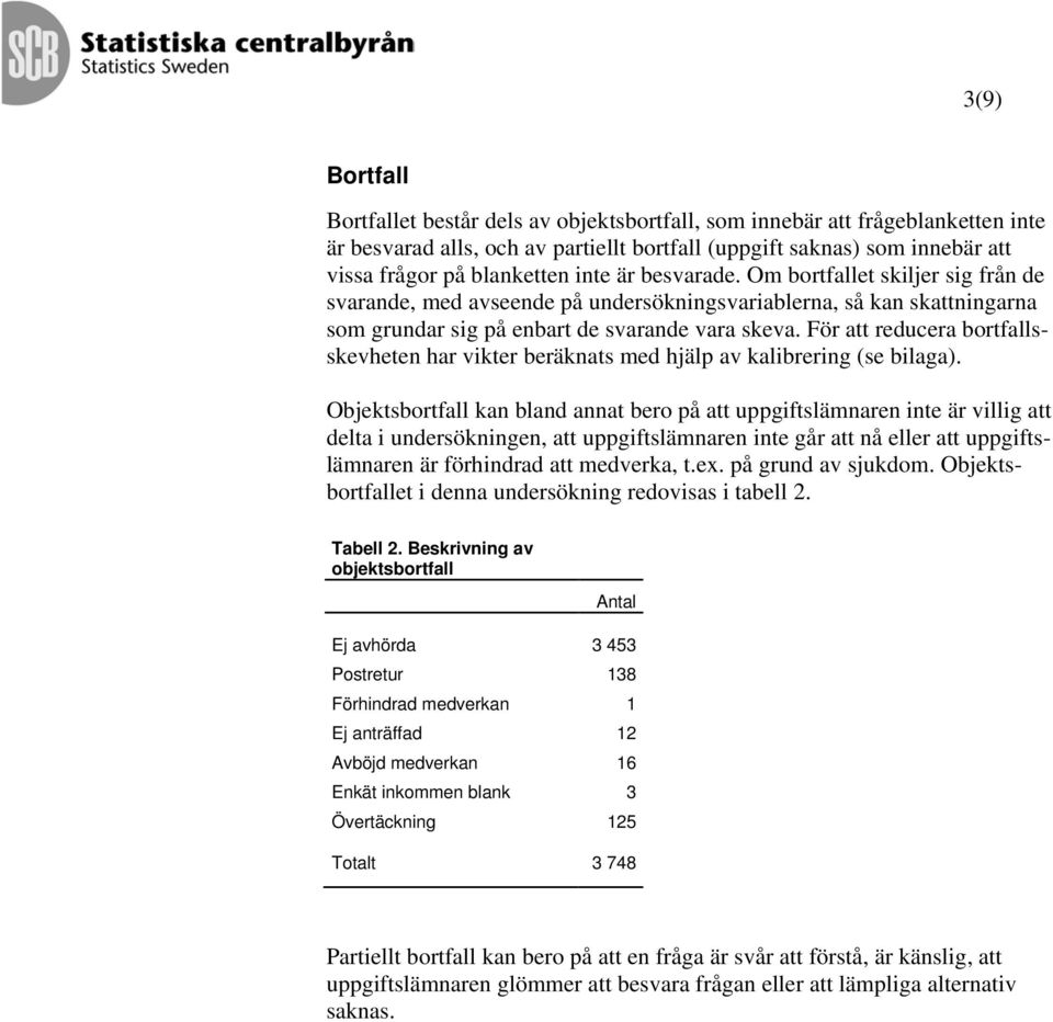 För att reducera bortfallssevheten har viter beränats med hjälp av alibrering (se bilaga).