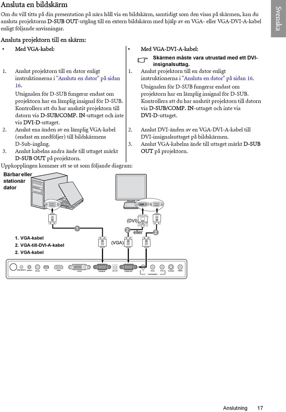 Anslut projektorn till en dator enligt instruktionerna i "Ansluta en dator" på sidan 16. Utsignalen för D-SUB fungerar endast om projektorn har en lämplig insignal för D-SUB.
