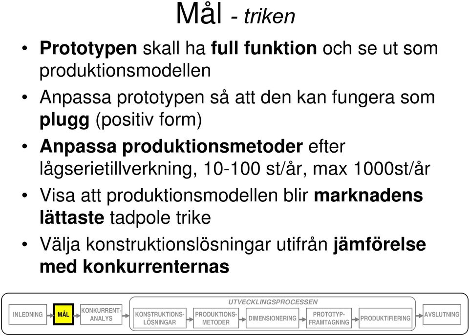 lågserietillverkning, 10-100 st/år, max 1000st/år Visa att produktionsmodellen blir